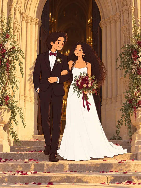 Álvaro y Andrea dibujados vestidos de boda, del brazo, delante de la puerta de la Catedral