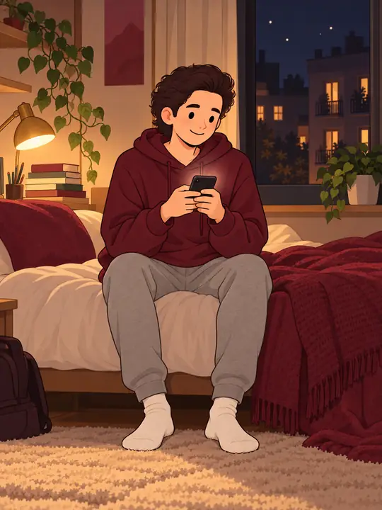 Álvaro dibujado en su cuarto, de noche, escribiendo en el móvil