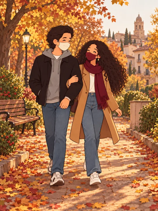 Andrea y Álvaro dibujados paseando en otoño de 2020, del brazo y con mascarilla
